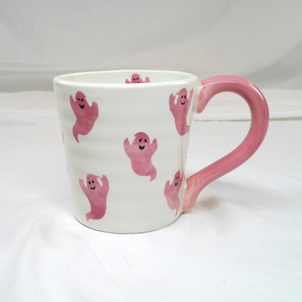 Pink Ghost Halloween Ceramic Coffee Mug White Hand Painted Style
